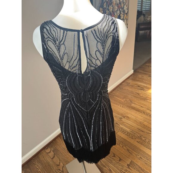 Caché Vintage Y2K Beaded Fringe Flapper Mini Dress Black Size 6 - Picture 4 of 4